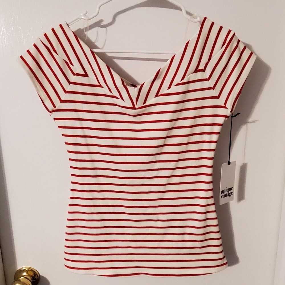 Unique Vintage Red & White Striped Top--size M 6-8
